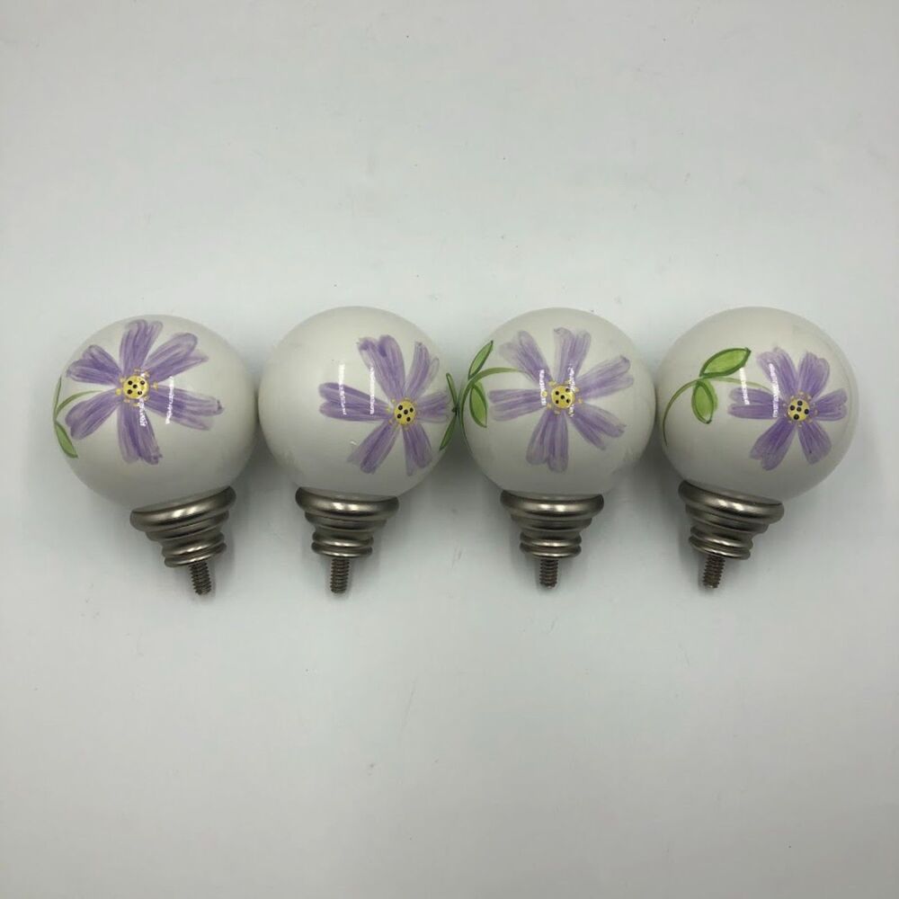 Pottery Barn Floral Ceramic Ball Finials | Set of 4 | Purple & Silver Tone Decor - Picture 8 of 8